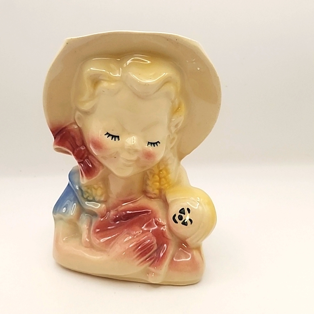 Vintage Shawnee Pottery Wall Pocket Head Vase Girl Holding Doll
